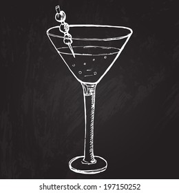 Alcohol drink with berries decoration in cocktail glass. Vector illustration sketched on the blackboard.