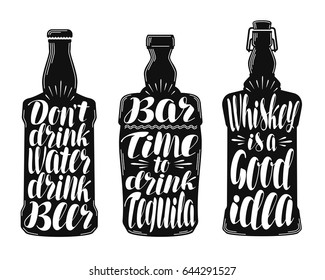 Alcohol drink, beverage label set. Collection decorative elements for menu restaurant or pub, bar. Lettering, calligraphy vector illustration