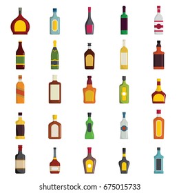 Alcohol drink beverages cartoon flat icons, bottles symbols. Beverage alcohol bottle, illustration set of beverage