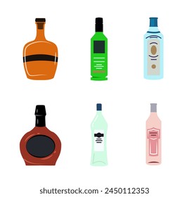 Alcohol drink beverages flat icons, bottles. Cognac, Whiskey, Tequila, Liqueur, Gin. Beverage alcohol bottles, illustration set of beverage