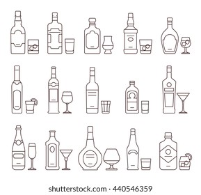 Alcohol drink beverages outline icons, bottles and glasses thin line symbols. Beverage alcohol bottle and glass, illustration set of beverage