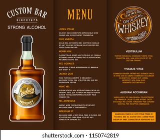 Alcohol drink in a bottle. Banner or brochure with vintage labels. Realistic Whiskey. Vector illustration template for pub menu. logo engraved hand drawn.