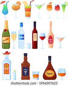 Alcohol drink bottle, cognac transparent glass with beverage, golden color, cartoon style vector illustration, isolated on white.