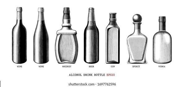 Alcohol drink bottle collection hand draw vintage style black and white clipart isolated on white background