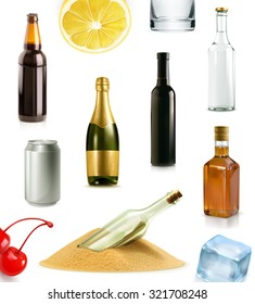 Alcohol drink in bottle, vector icons set