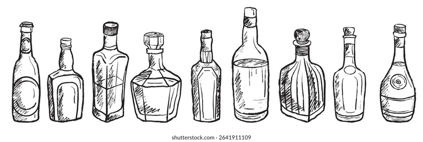 Alcohol drink bottles with brandy, whiskey, rum, gin in black brush stroke texture isolated on white. Hand drawn vector sketch illustration in vintage charcoal ink. Bar menu background, design.