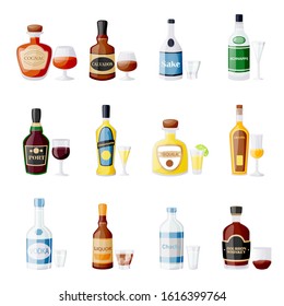 Alcohol drink bottles and glasses. Vector flat cartoon isolated illustration. Bar menu design elements. Liquor, bourbon, wine, tequila, port icons set.