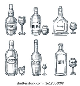 Alcohol drink bottles and glasses. Vector hand drawn sketch isolated illustration. Bar menu design elements. Port, rum and gin vintage outline icons set