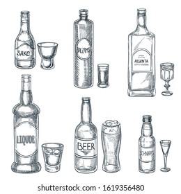 Alcohol drink bottles and glasses. Vector hand drawn sketch isolated illustration. Bar menu design elements. Liquor, beer and sake vintage outline icons set