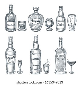 Alcohol drink bottles and glasses. Vector hand drawn sketch isolated illustration. Bar menu design elements. Bourbon, cognac and martini vintage outline icons set