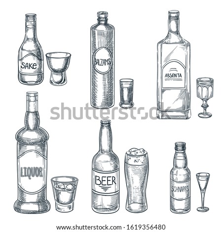 Alcohol drink bottles and glasses. Vector hand drawn sketch isolated illustration. Bar menu design elements. Liquor, beer and sake vintage outline icons set