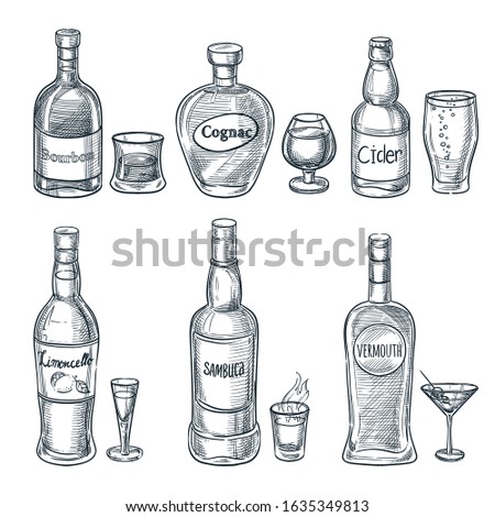 Alcohol drink bottles and glasses. Vector hand drawn sketch isolated illustration. Bar menu design elements. Bourbon, cognac and martini vintage outline icons set