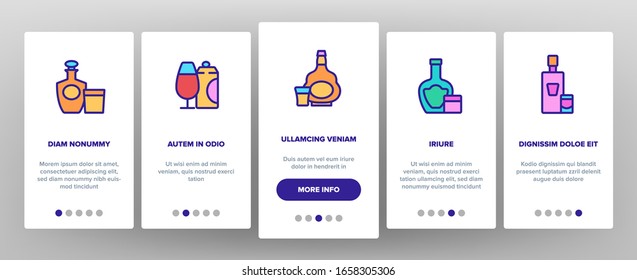 Alcohol Drink Bottles Onboarding Icons Set Vector. Tequila And Cognac, Vodka And Beer, Whiskey And Champagne Alcohol Beverage Illustrations
