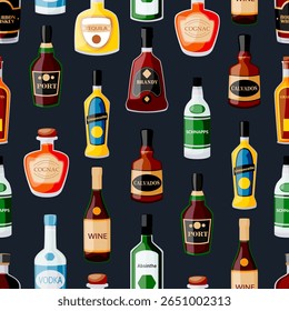 Alcohol drink bottles seamless pattern. Vector illustration of multicolor alcohol drinks on black background. Fabric design, wrapping paper, fashion textile print