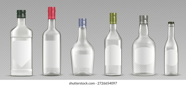 Conjunto de botellas de bebidas alcohólicas aisladas sobre fondo transparente. Vector ilustración realista de envases de vidrio para vino, champaña, whisky, vodka, cerveza, tequila con tapas, maquetas de paquete en blanco