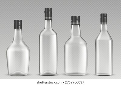 Бутылки для алкогольных напитков установлены на прозрачном фоне. Векторная реалистичная иллюстрация стеклянных контейнеров для вина, виски и коньяка, водки или текилы с черными шапками, пустыми макетами упаковки