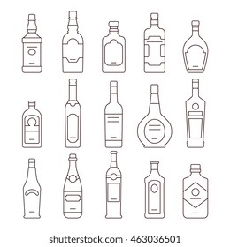 Alcohol drink bottles types of vector icons set