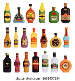 Botellas de bebidas alcohólicas, vino, cerveza, íconos de whisky