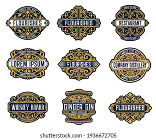 Alcohol Drink Brand, Beverage Or Company Retro Labels With Ornate And Flourish Embellishments. Whiskey, Ginger Gin Liquor Or Wine, Distillery, Restaurant Or Bar Vintage Badge, Coaster Vector Templates