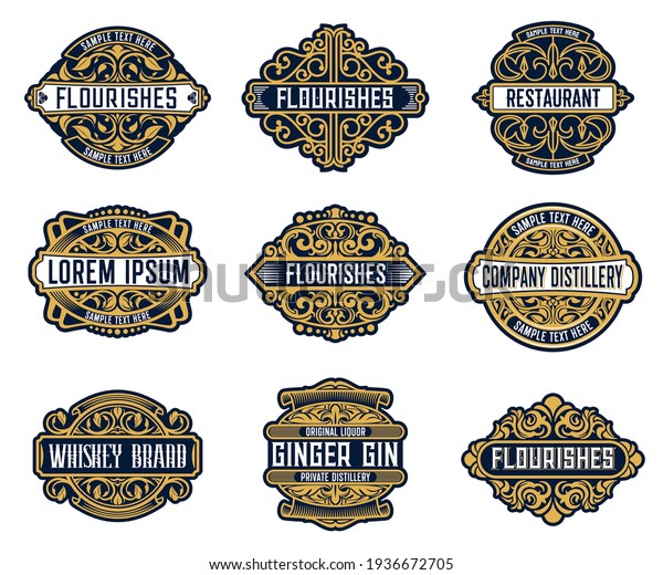 Alcohol drink brand, beverage or company retro
labels with ornate and flourish embellishments. Whiskey, ginger gin
liquor or wine, distillery, restaurant or bar vintage badge,
coaster vector
templates