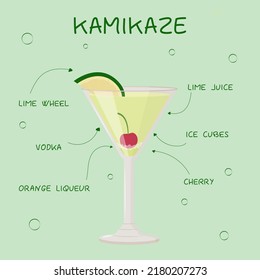 Alcohol drink, cocktail and beverages recipe. Kamikaze. Menu design. Bartender guide. Flat vector illustrtaion