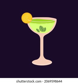 Alcohol drink in cocktail glass. Cold green beverage with mint leaf, tropical lemon fruit piece decor and liquor. Summer refreshment for party. Isolated colored flat vector illustration