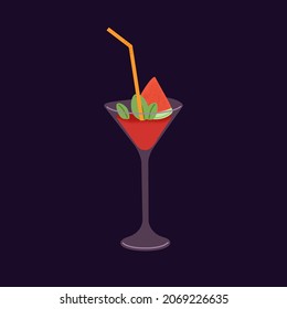 Alcohol drink in cocktail glass. Red watermelon mojito with straw and tropical fruit piece and mint leaves for decor. Cold summer refreshing beverage with gin and juice. Flat vector illustration