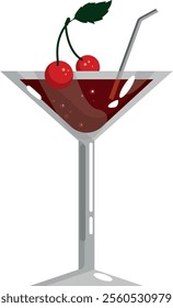 Alcohol drink decorated with red berry isolated on white. Vector illustration of chic beverage with vermouth or fortified wine, Kirschwasser or cherry-tree vodka, cherry brandy in cocktail glass.