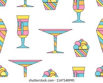 Alcohol drink and ice cream seamless pattern. Colorful cocktail martini. Vector illustration