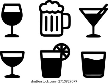 Conjunto de iconos de bebidas alcohólicas con copa de vino, taza de cerveza, copa de cóctel, coupé de champán, copa de jugo y vaso de whisky. Símbolos de Vector de línea limpia para bares, menús y diseño de vida nocturna.