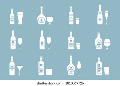 Bebida alcohólica Juego de iconos - Sillas vectoriales de vidrio, botella, vino, cerveza, champán, whisky, vodka, coñac y otros para el sitio o interfaz