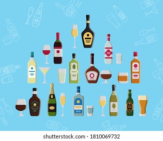 Alcohol drink Icons set - Vector color symbols and outline of glass, bottle, wine, beer, champagne, whiskey, vodka, cognac and others for the site or interface