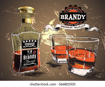 Alcohol drink was pour in two glasses with bottle on shabby background. Design for advertising of brandy.Vector illustration