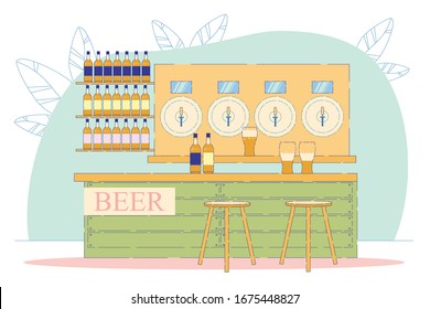 Alcohol Drink Pouring from Pub Barrel with Handle to Glass on Desk Flat Cartoon Vector Illustration. Craft Family Production. Bottles on Shelves. Stools near Bar Counter. Light Drink.