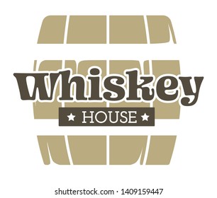 Alcohol drink production whiskey house isolated icons vector factory or brewery wooden barrel bar emblems or logo single malt organic beverage aging and fermentation handmade beverage storehouse