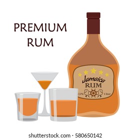 Alcohol drink, rum with glass. Jamaica rum in flat style design. Vector illustration. Liquor for pubs restaurants hipster bars