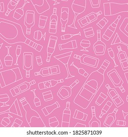 Alcohol drink - Vector background (seamless pattern) of glass, bottle, wine, beer, champagne, whiskey, vodka, cognac and others for graphic design
