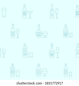 Bebida alcohólica - Fondo vectorial (patrón sin soldadura) de vidrio, botella, vino, cerveza, champán, whisky, vodka, coñac y otros para diseño gráfico