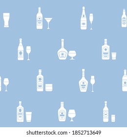 Alcohol drink - Vector background (seamless pattern) of silhouettes glass, bottle, wine, beer, champagne, whiskey, vodka, cognac and others for graphic design