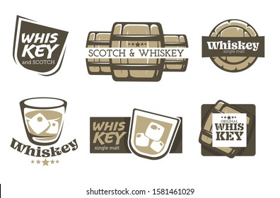 Alcohol Drink, Whiskey And Scotch Production, Factory Or Brewery Isolated Icons Vector. Barrel And Wood, Glass And Ice, Bar Emblems Or Logo, Single Malt. Organic Beverage, Aging And Fermentation