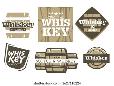 Alcohol Drink, Whiskey And Scotch Production, Factory Or Brewery Isolated Icons Vector. Barrel And Wood, Glass And Ice, Bar Emblems Or Logo, Single Malt. Organic Beverage, Aging And Fermentation