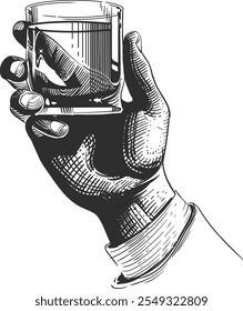 Alcohol drinking engraving. Hand hold glass sketch