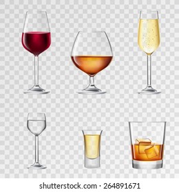 Alcohol drinks in 3d realistic glasses transparent set isolated vector illustration