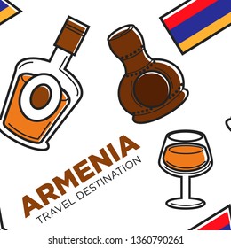 Alcohol drinks Armenia travel destination traditional beverage seamless pattern vector cognac and Armenian vodka Artsakh national flag endless texture bottles and glass journey or trip to Caucasus