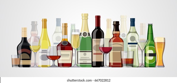 Alcohol drinks background. Vector bottles and glasses illustration.