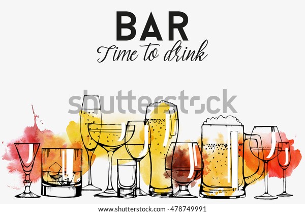 Alcohol drinks banner design. champagne, red wine, white wine, vermouth, brandy, whiskey, beer. Vector set. watercolor texture.