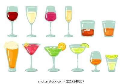 Alcohol drinks. Bar beverage alcoholic cocktails, glass of wine and pint beer. Rum and tequila shot, whiskey with ice vector illustration set of beverage cocktail, alcohol restaurant