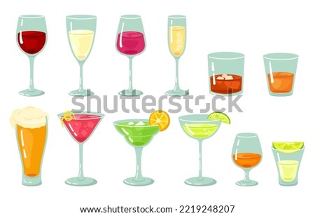 Alcohol drinks. Bar beverage alcoholic cocktails, glass of wine and pint beer. Rum and tequila shot, whiskey with ice vector illustration set of beverage cocktail, alcohol restaurant