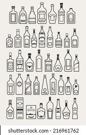 alcohol, drinks, beverage, bottle icons, vector illustration