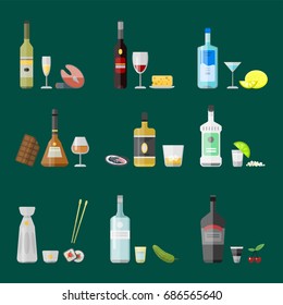 Alcohol drinks beverages cocktail appetizer bottle lager container drunk different snacks glasses vector illustration.